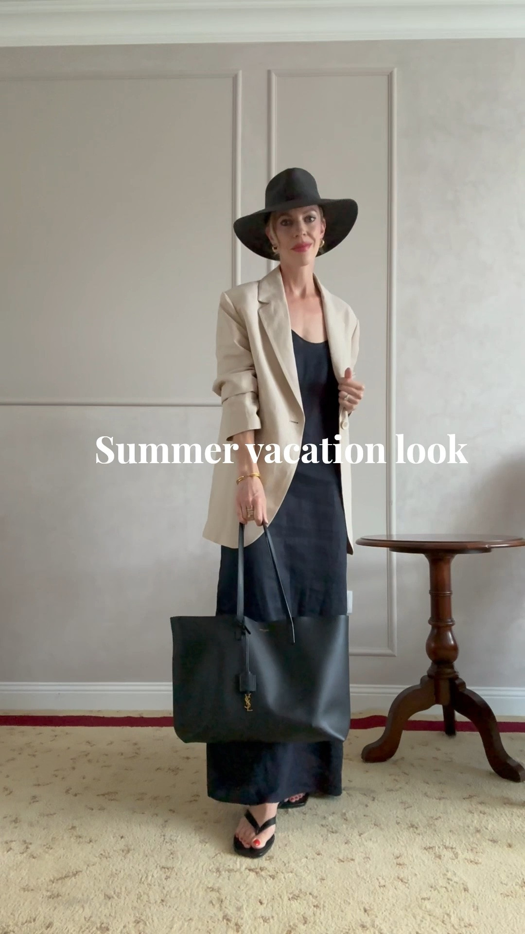 Summer vacation look, travel outfit, beach vacation, date night, linen dress, linen blazer, kitten heel thong sandals

#LTKgrwm #LTKTravel #LTKOver40
