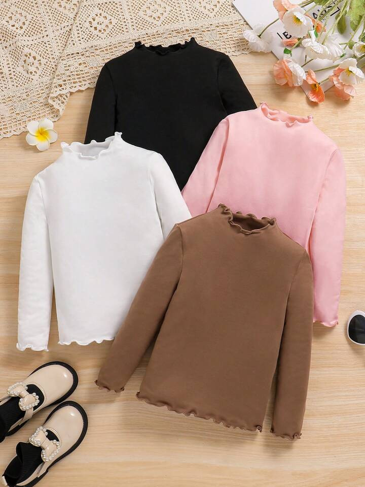 SHEIN LMoss Kids LMoss Young Girl 4pcs/Set Mock Neck Lettuce Trim Knit Fabric Tee, Versatile, Gre... | SHEIN