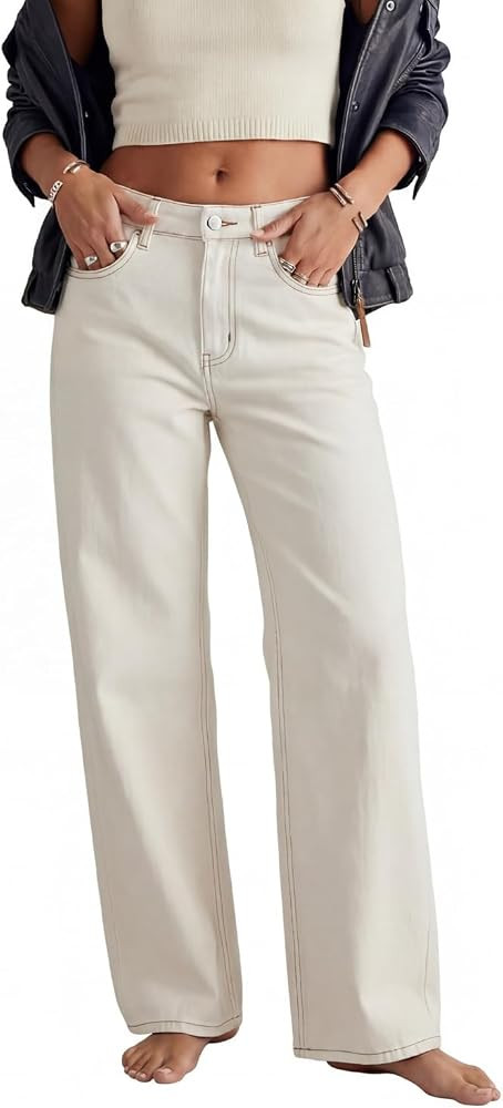Women's Straight Wide Leg White Stretch Jeans Relaxed Fit Cream White Pants | Amazon (US)