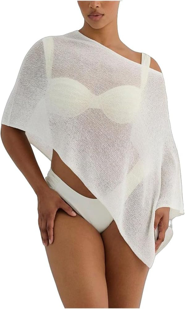 Women Sheer Knit Poncho Top One Shoulder Asymmetrical Cape Blouse See Through Loose Cover Up Beac... | Amazon (US)