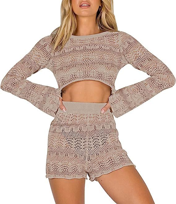 VamJump Women 2 Piece Hollow Out Knit Lounge Sets Long Sleeve Crop Top and High Waist Shorts Trac... | Amazon (US)