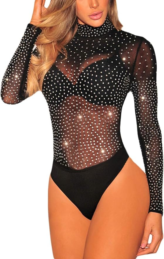 SEBOWEL Women Long Sleeves Mesh See Through Jumpsuit Bodysuit Top Leotard | Amazon (US)