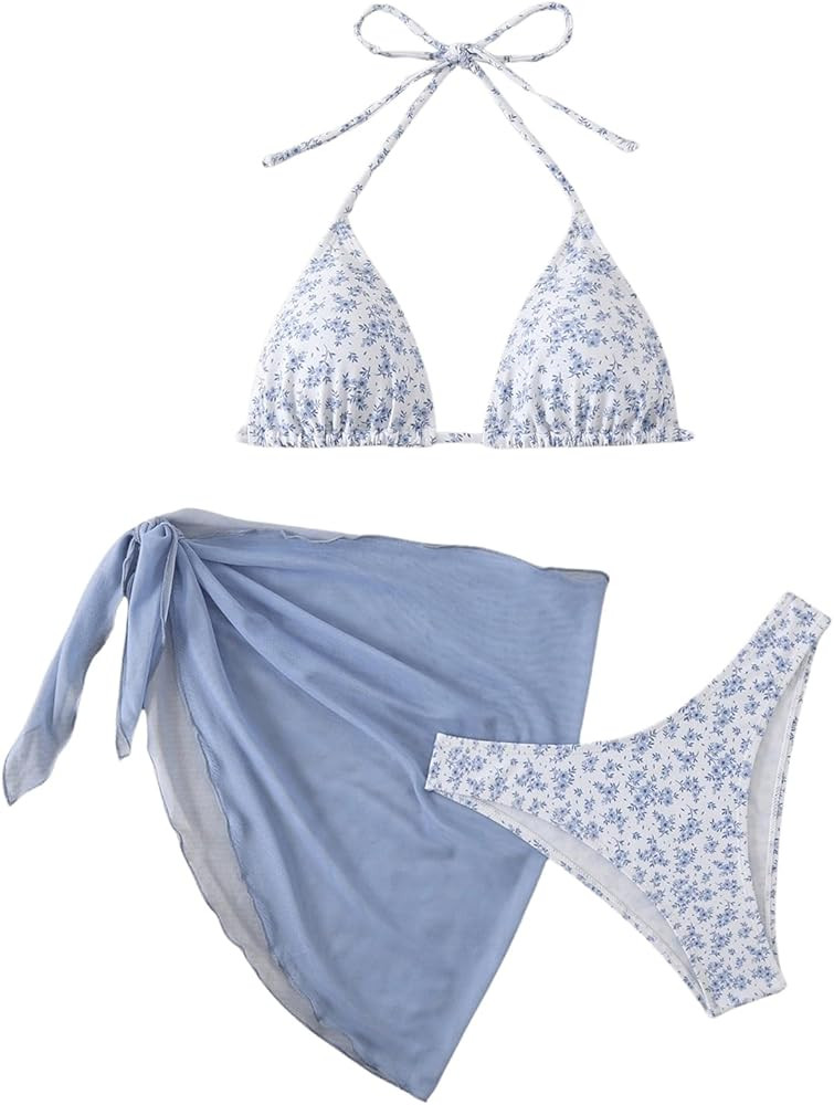SHENHE Women's 3 Piece Floral Bikini Set with Wrap Coverup Halter Triangle Swimsuits | Amazon (US)