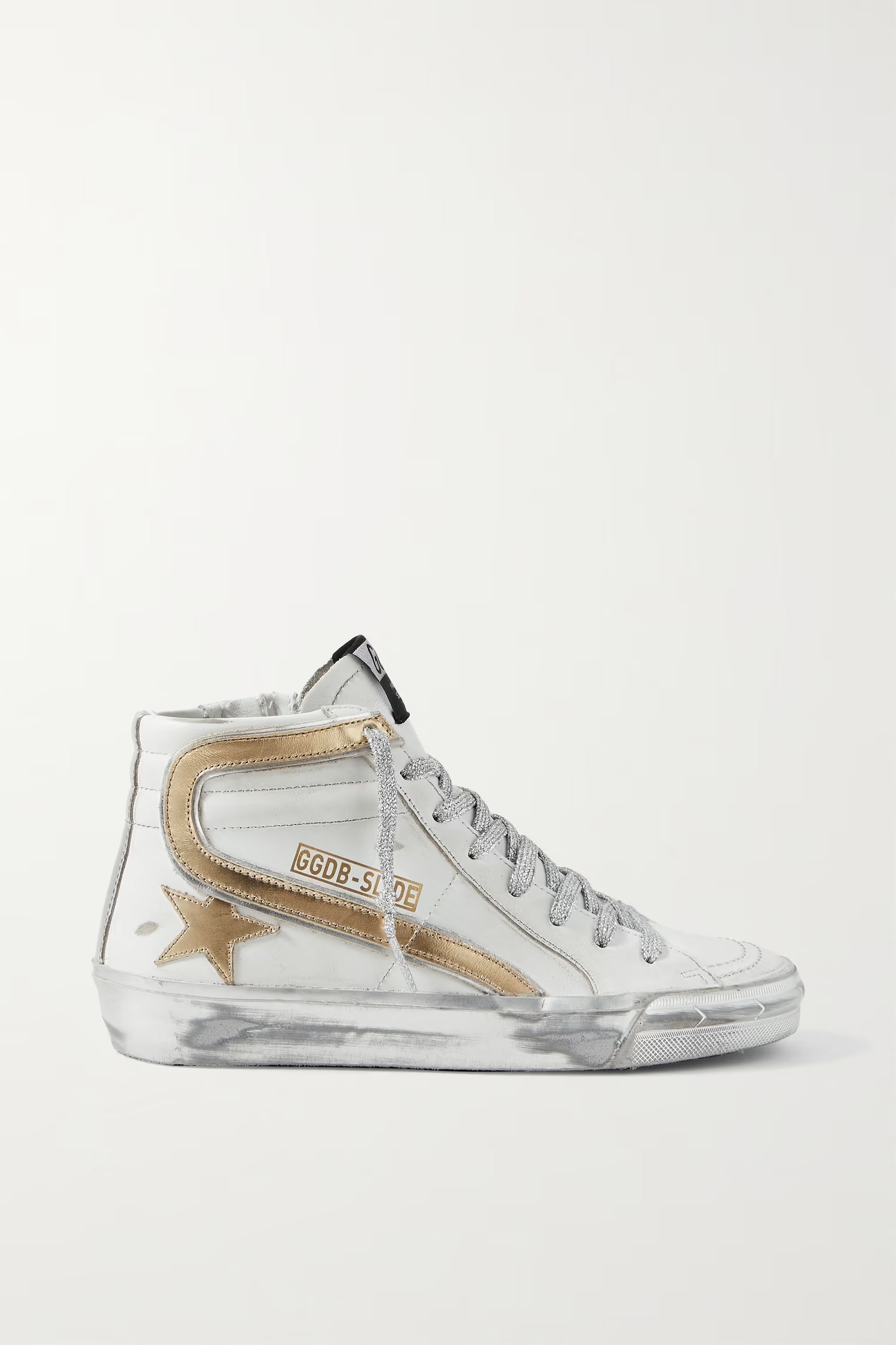 White Slide metallic distressed leather high-top sneakers | GOLDEN GOOSE | NET-A-PORTER | NET-A-PORTER (US)