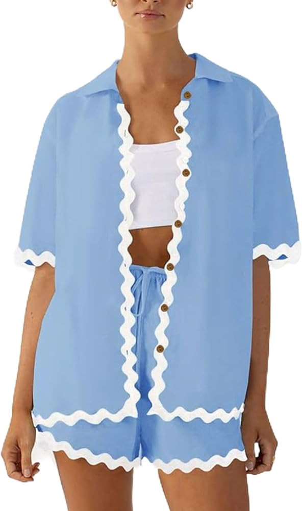 Esmeling Women’s Fashion Two Piece Sets Short Sleeve Button Down Shirt Casual Lounge Sets | Amazon (US)