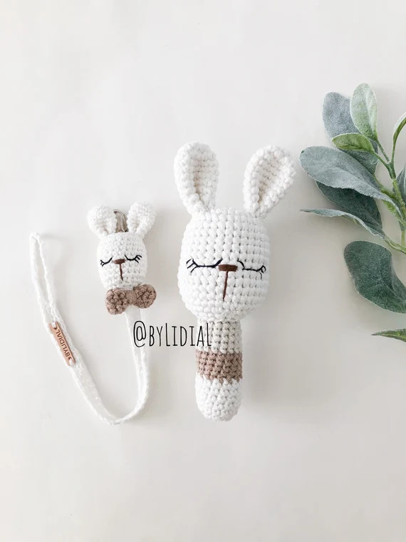 Crochet Bunny Rattle Toy Set Pacifier Clip Baby shower Gift handmade | Etsy (US)