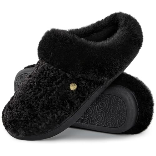 HomeTop Women's Comfy Clog Slippers Soft Warm Non-slip Indoor House Shoes with Fuzzy Collar Dark Black, 11-12 US | Amazon (US)