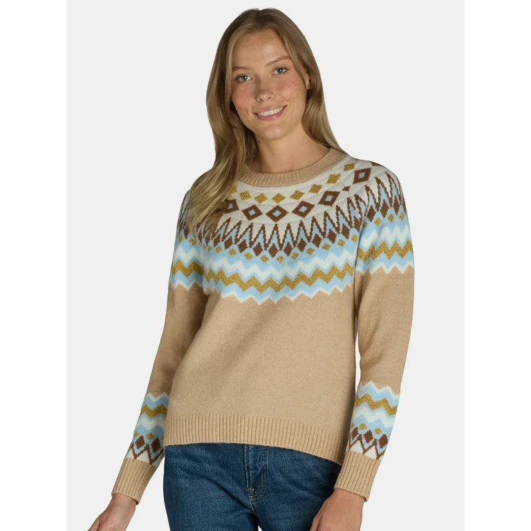 99 Jane Street Women's Fair Isle Crewneck Sweater with Long Sleeves, Midweight, Sizes XS-XL | Walmart (US)