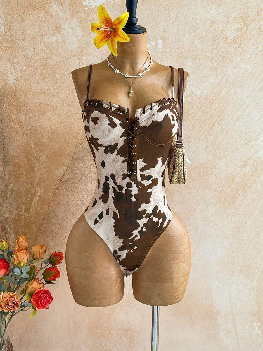 Soleia Women's Fashionable Cow Print Camisole Bodysuit For Summer | SHEIN