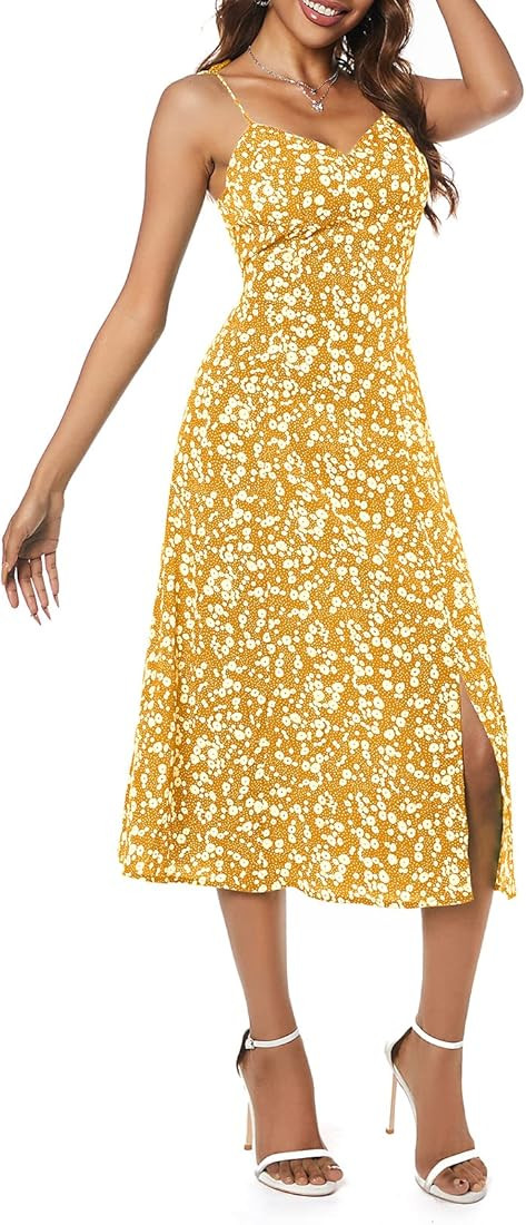 ZAFUL Women's Sleeveless Spaghetti Straps Floral Print Side High Split Self Tie Ruffled Dress | Amazon (US)