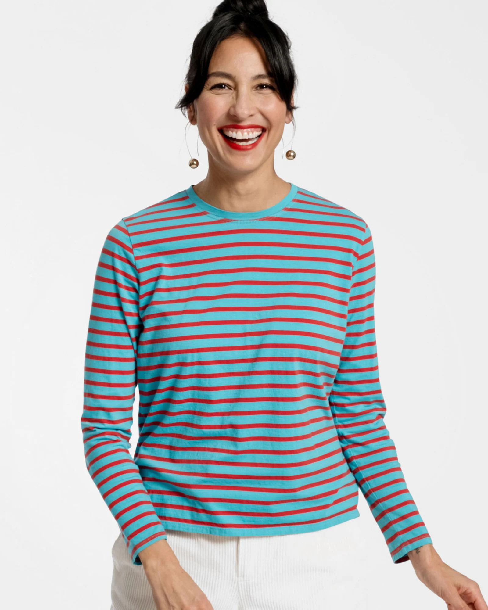 Long Sleeve Striped Tee Shirt Turquoise and Red | Frances Valentine