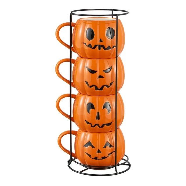 Halloween 13-Ounce Orange Pumpkin Stoneware Stackable Mug Set with Iron Rack, by Way To Celebrate | Walmart (US)