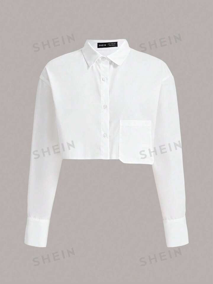 SHEIN Solid Button Front Pocket Patched Crop Shirt | SHEIN