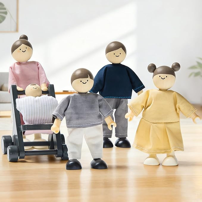 Tiny Land Wooden Dollhouse People Set, 5-Piece Poseable Wooden Doll Family with Dad, Mom, Brother... | Amazon (US)