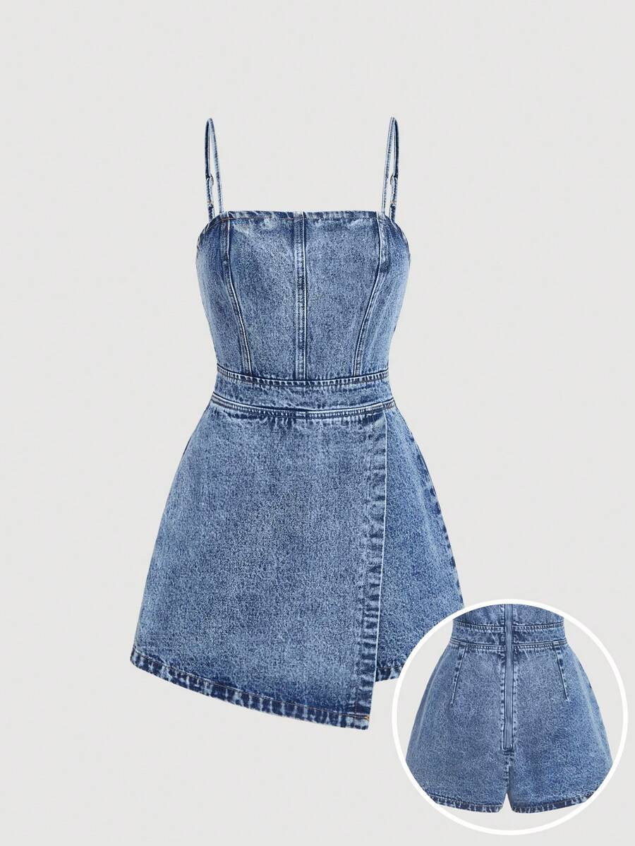 SHEIN MOD Women's Denim Bib Pants & Jumpsuit Adjustable Strap Fitted Romper, Summer Outfits For W... | SHEIN