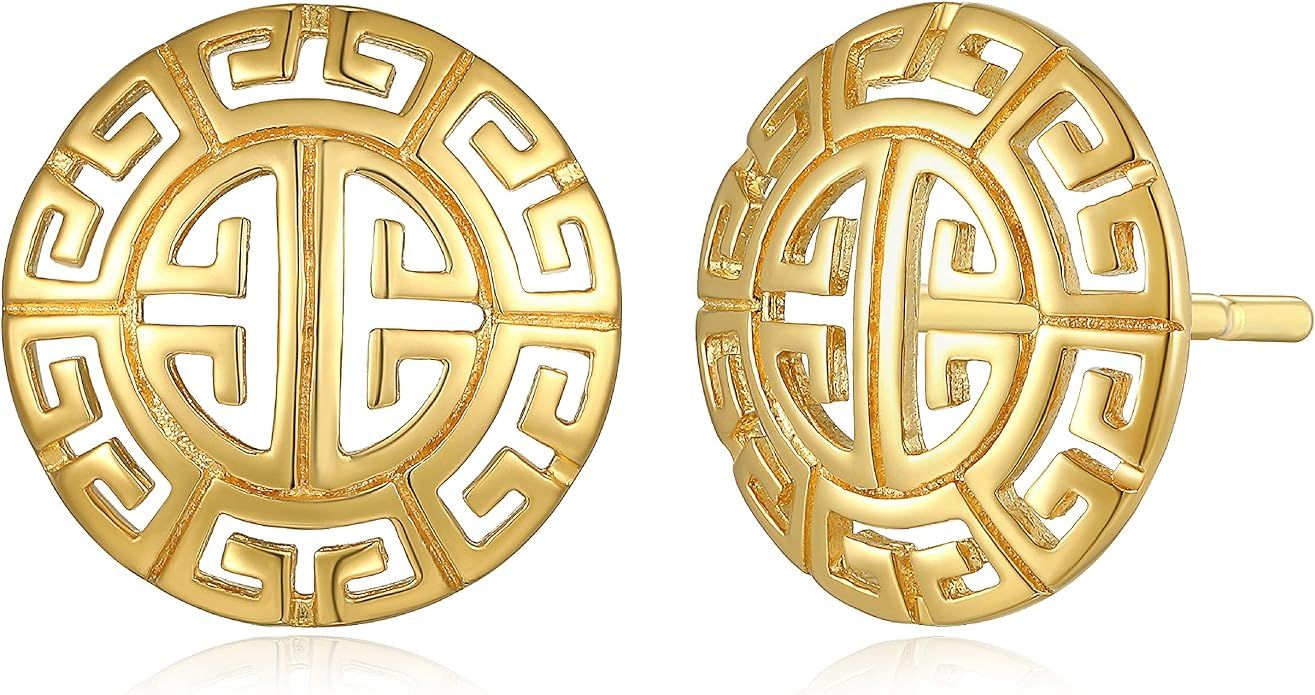 Morgan & Paige Greek Earring Studs - Handcrafted Round Greco Earrings - 18k Yellow Gold Plated St... | Amazon (US)