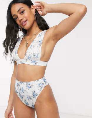 ASOS DESIGN recycled mix and match deep band plunge crop bikini top in ditsy floral print | ASOS (Global)