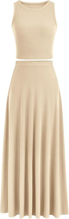 PRETTYGARDEN Women's 2 Piece Maxi Skirt Sets Casual Summer Knit Cropped Tank Top High Waisted Lon... | Amazon (US)