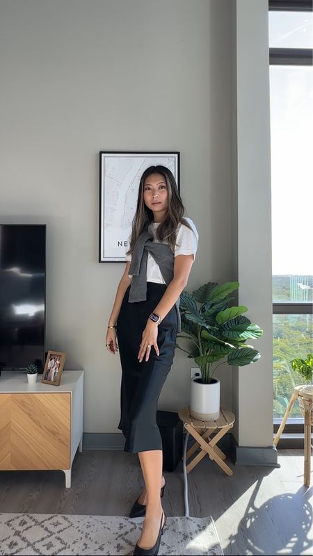 Casual chic outfit // cashmere sweater, white tshirt, black slip maxi skirt, black slingback heels // everyday style, Parisian chic, French style

#LTKfindsunder100 #LTKfindsunder50 #LTKstyletip