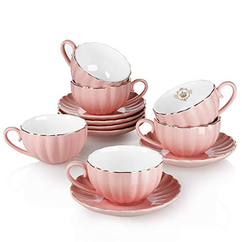 Amazingware Royal Tea Cups and Saucers, with Gold Trim and Gift Box, British Coffee Cups, Porcelain Tea Set, Set of 6 (8 oz)- Pink | Amazon (US)