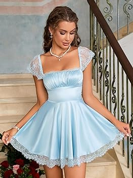 EYNMIN Women's Satin Lace Strap Mini Dress Square Neck Flowy A-Line Ruffle Swing Casual Short Dre... | Amazon (US)