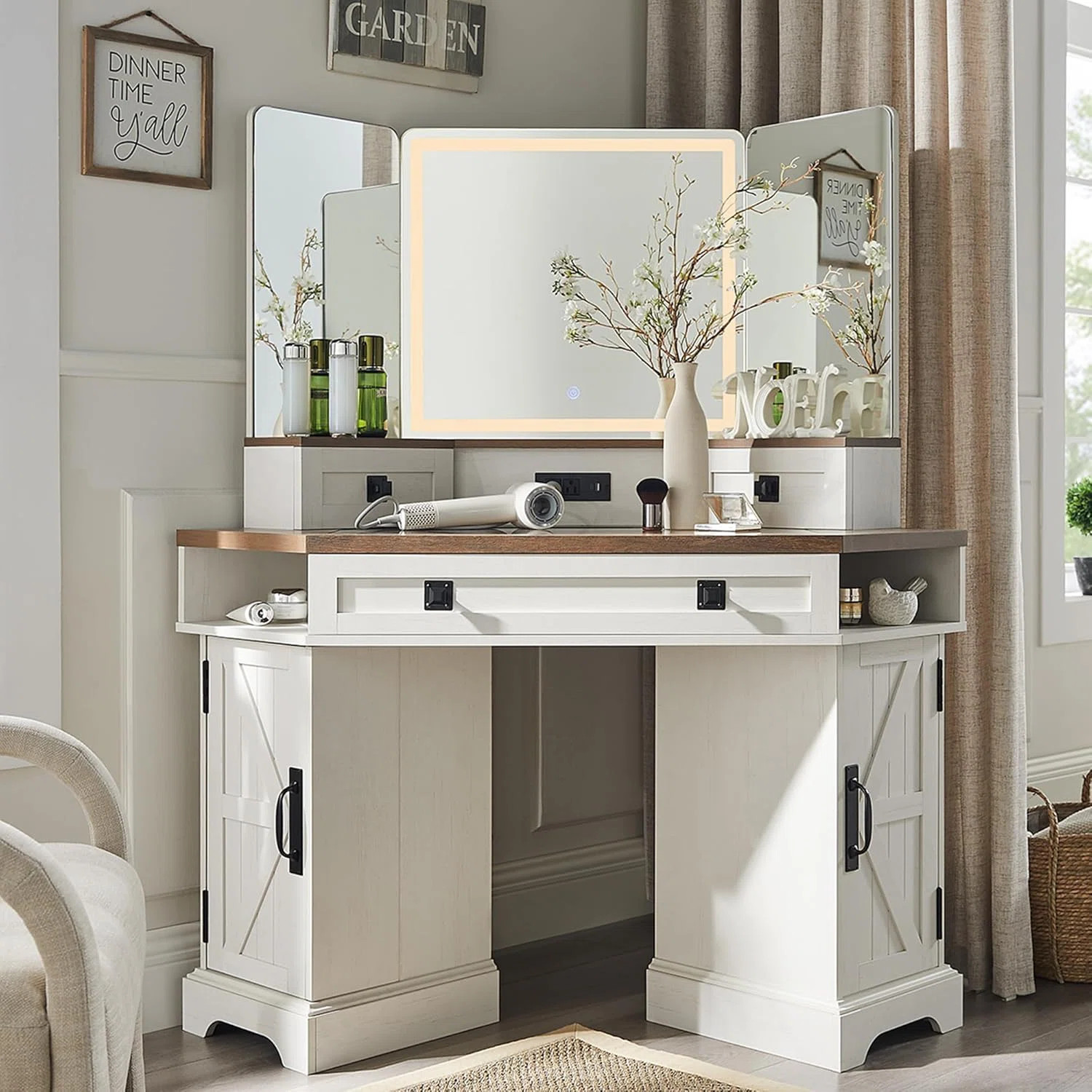 48" Corner Vanity with 3-Sided LED Mirror and Built-in Charging Station | Wayfair North America
