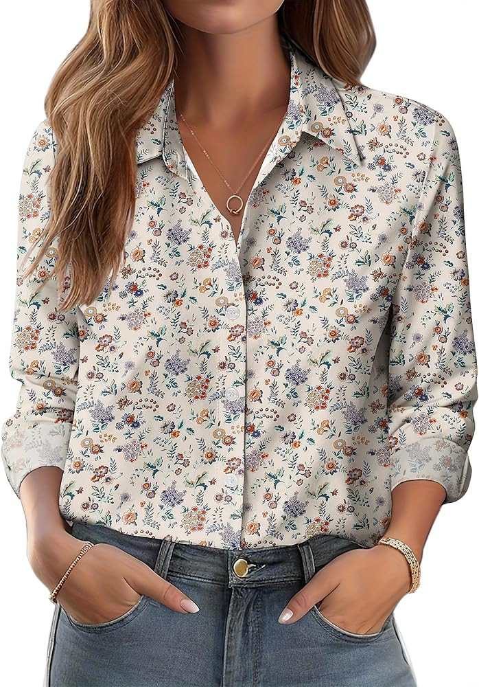 Zeagoo Button Down Shirts for Women Dressy Floral Printed Long Sleeve Blouse Business Casual Work... | Amazon (US)