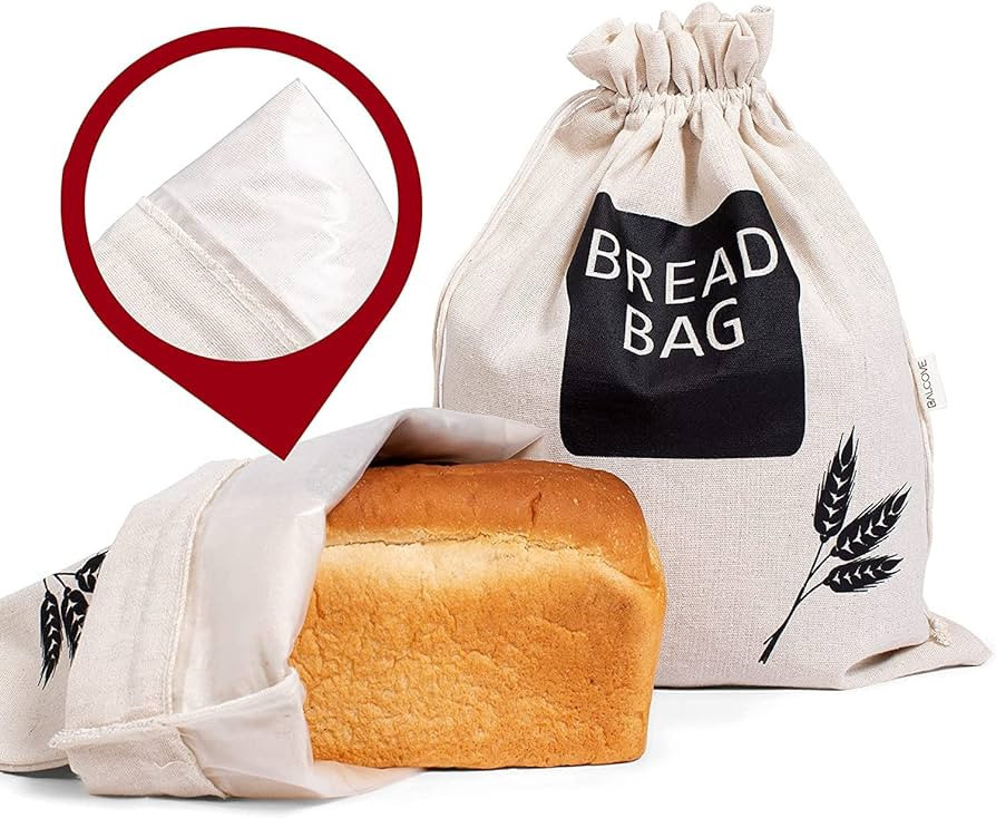 2 X Bread Bags for Homemade Bread - Plastic Lined, Reusable Linen Cloth Saver Bag For Sourdough &... | Amazon (US)