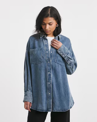 Simply Be Mid Wash Deep Cuff Denim Shirt | Simply Be | Simply Be (UK)