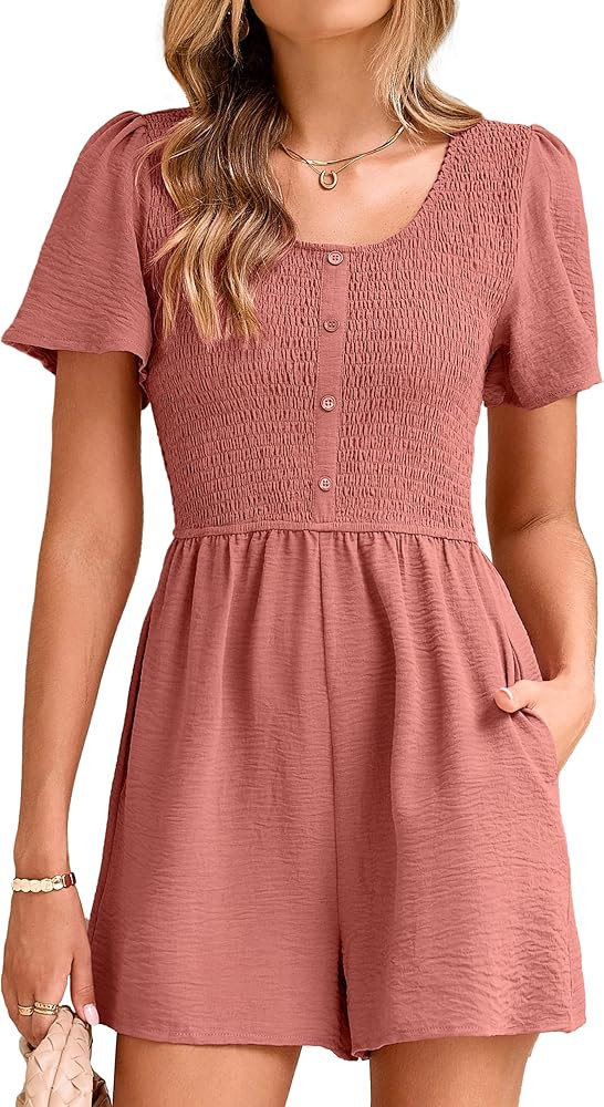 Simplee Womens Summer Short Sleeve Romper Casual Loose Decorative Button Smocked Dressy Shorts Ju... | Amazon (US)