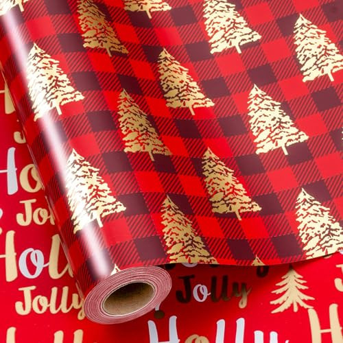 MAYPLUSS Christmas Wrapping Paper Roll, Red Plaid Wrapping Paper, Classic Red Christmas Tree and Plaid Gift Wrap with Metallic Foil Shine for Holiday Gift Packaging (17 Inch X 16.5 Feet) | Amazon (US)