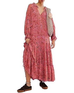 Women Boho Floral Maxi Dress Puff Sleeve Flowy Long Dress V Neck Loose Fit Shirt Dress Bohemian T... | Amazon (US)