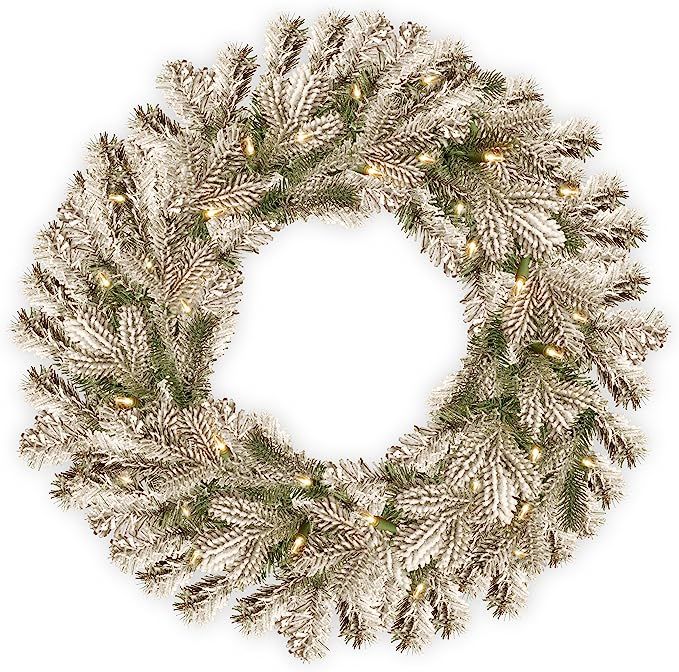 National Tree Company Pre-Lit 'Feel Real' Artificial Christmas Wreath, Green, Snowy Sheffield Spr... | Amazon (US)