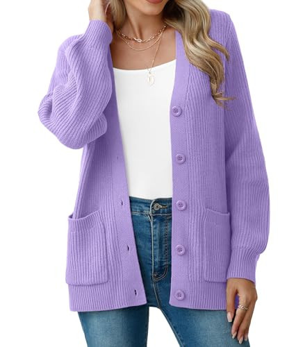 VIISHOW Women's Lightweight Cardigans 2025 Casual Long Sleeve Pocketed Chunky Knit Open Front Sweater Cardigans,Light Purple,3X-Large | Amazon (US)