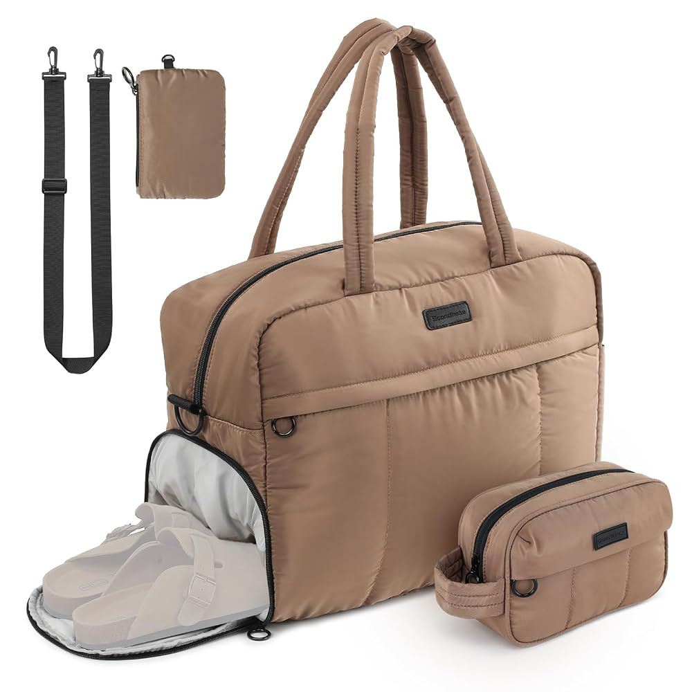 Travel Duffel Bag, Puffy Sports Tote Puffer Gym Bag with Toiletry Bag & Shoes Compartment, Quilte... | Amazon (US)