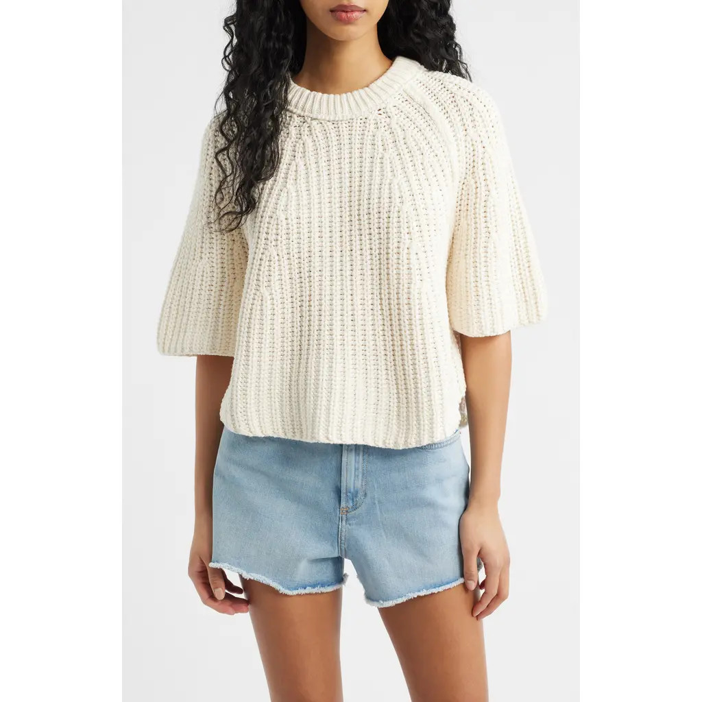 Free People Amy Short Sleeve Cotton Sweater in Whisper White at Nordstrom, Size Small | Nordstrom