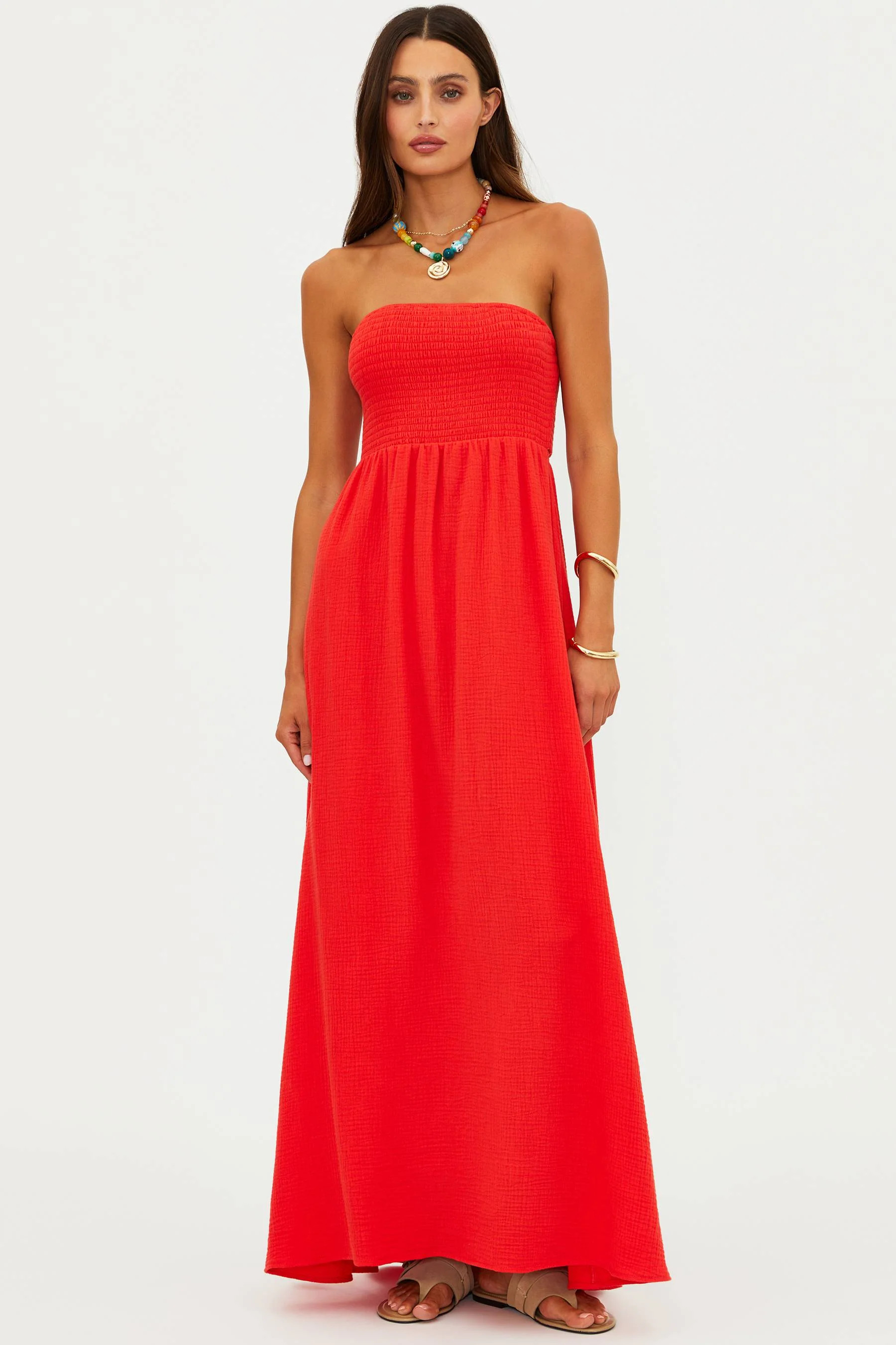 Yula Dress Hot Haze | Coral Smocked Strapless Maxi Dress | Beach Riot | Beach Riot