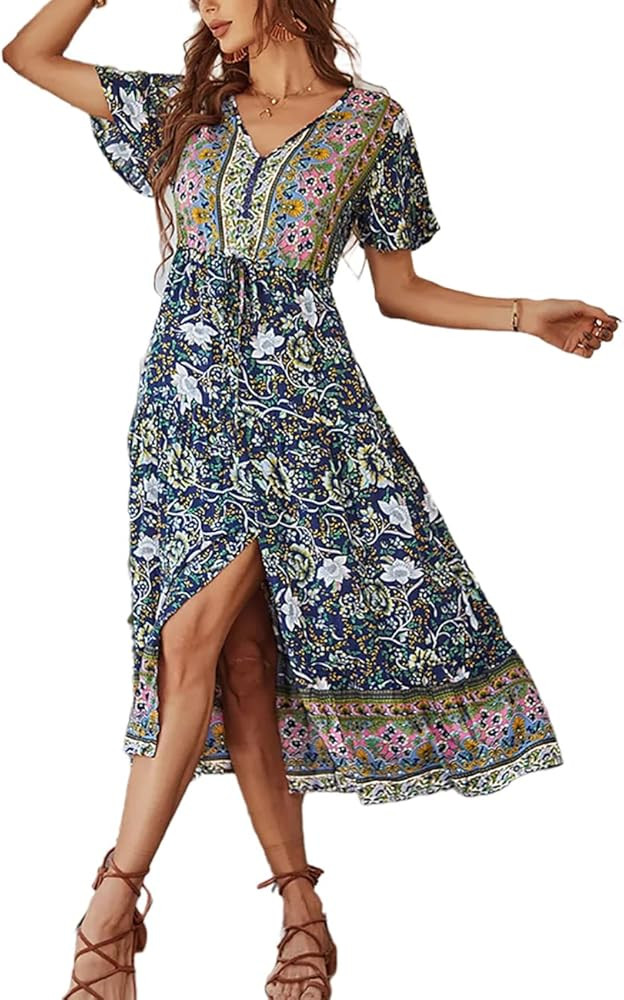 SEBOWEL Womens Summer Boho Floral Print Maxi Dress Casual V Neck Ruffle Short Sleeve A-Line Flowy Be | Amazon (US)