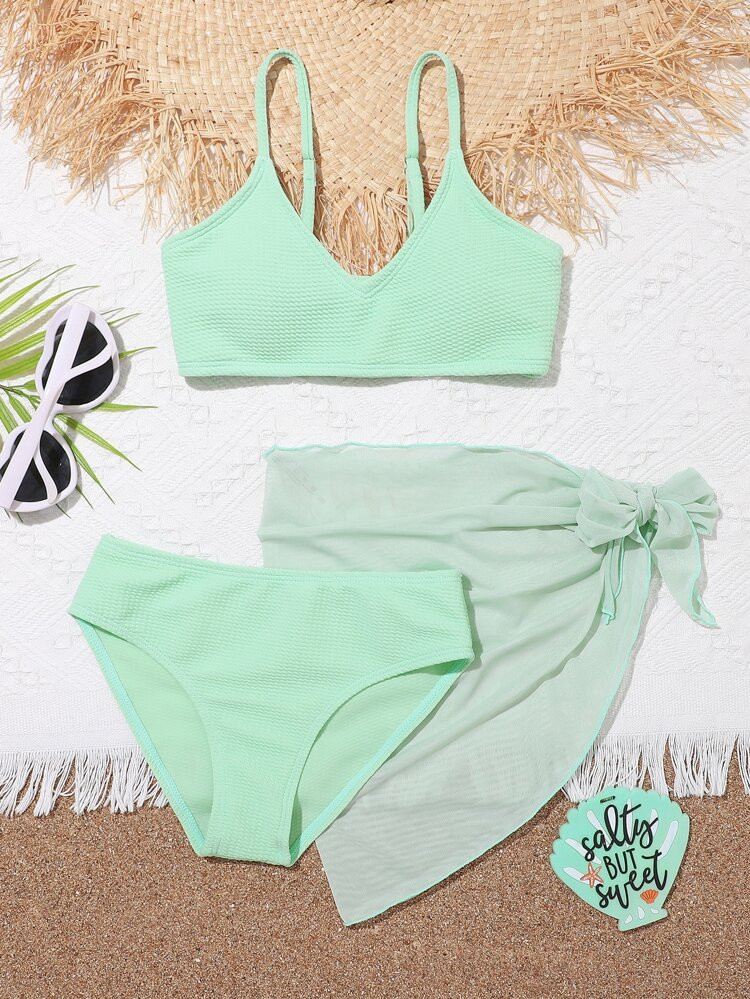 Girls 3pack Lettuce Trim Knot Side Bikini Swimsuit | SHEIN
