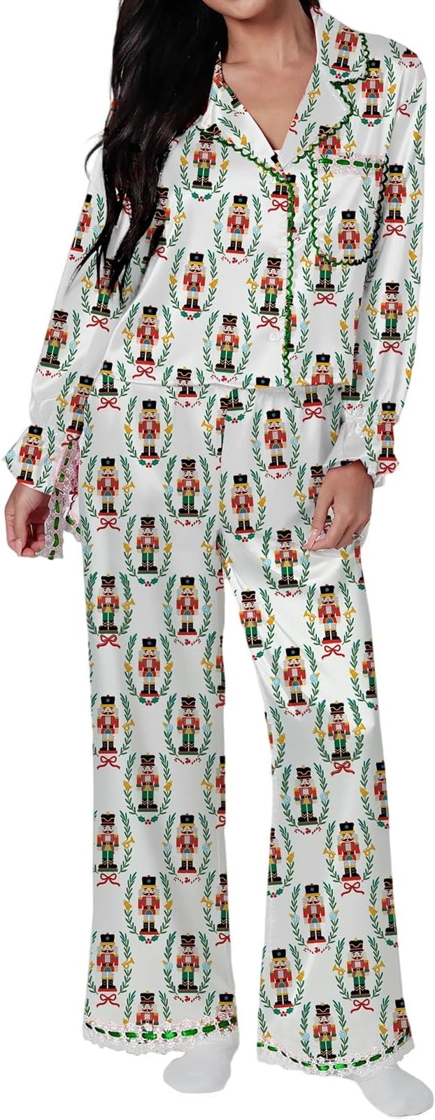 Women Y2k Silk Christmas Pajamas Outfit Satin 2 Piece Pants Set Button Down Shirts Long Sleeve Ho... | Amazon (US)