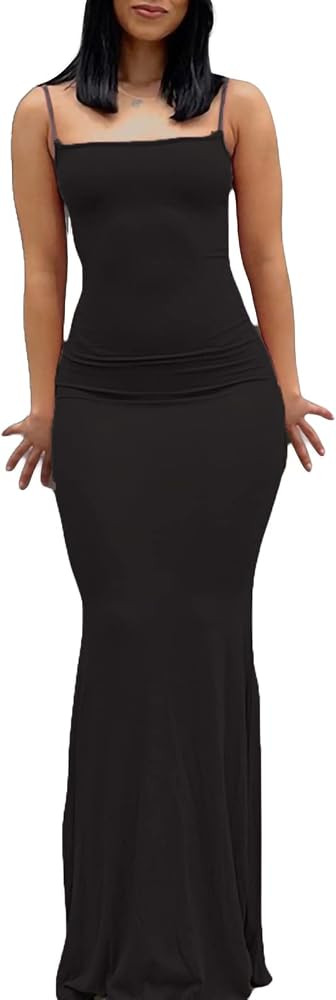 Women Bodycon Maxi Dress Sexy Spaghetti Strap Low Cut Long Tight Dress Slim Fit Party Club Night ... | Amazon (US)