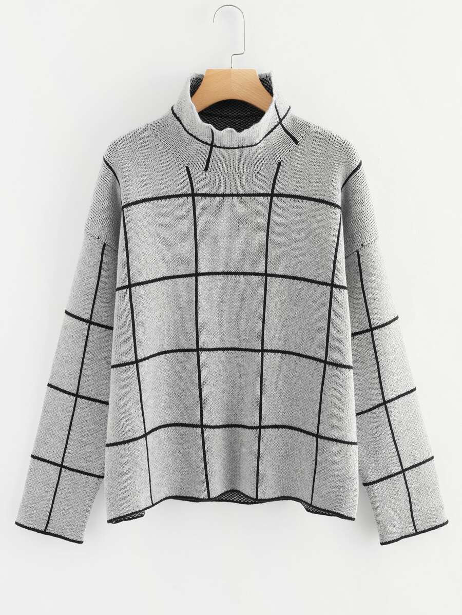 Plus Mock Neck Grid Print Sweater | SHEIN