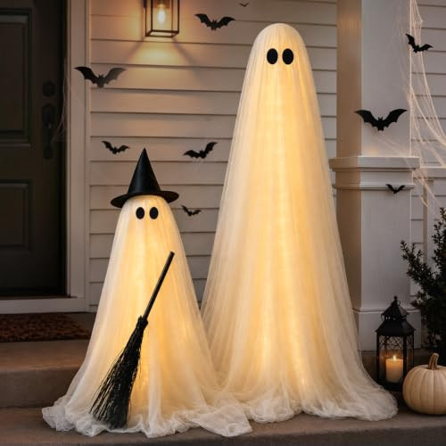 Halloween Decorations Outdoor, 2 Packs Light-Up Spooky Ghost Witch Broom | Amazon (US)