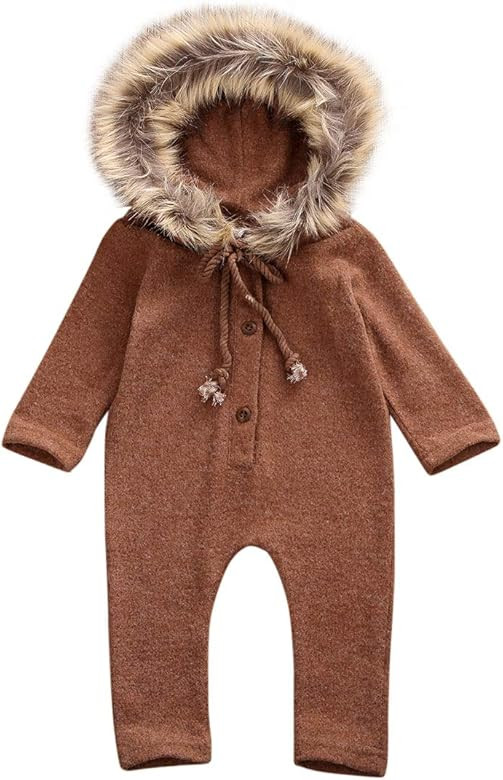 LAJIFENLEI Infant Baby Girl Knitted Sweater Jumpsuit One-Piece Romper Faux Fur Hoodie Jumpsuit Au... | Amazon (US)