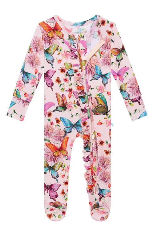 Posh Peanut Watercolor Butterfly Ruffle Fitted Footie Pajamas in Open Pink at Nordstrom, Size 3-6M | Nordstrom