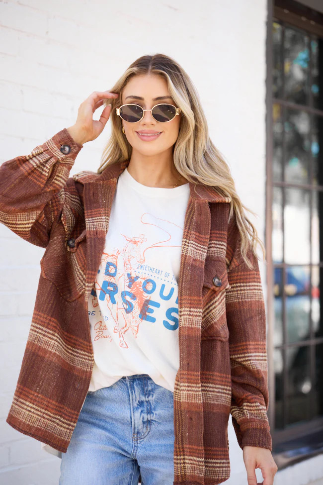 Shayla Brown and Taupe Flannel Shacket | Pink Lily