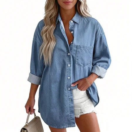 Women Long Sleeve Denim Shirts Button Down Casual Tops | Walmart (US)
