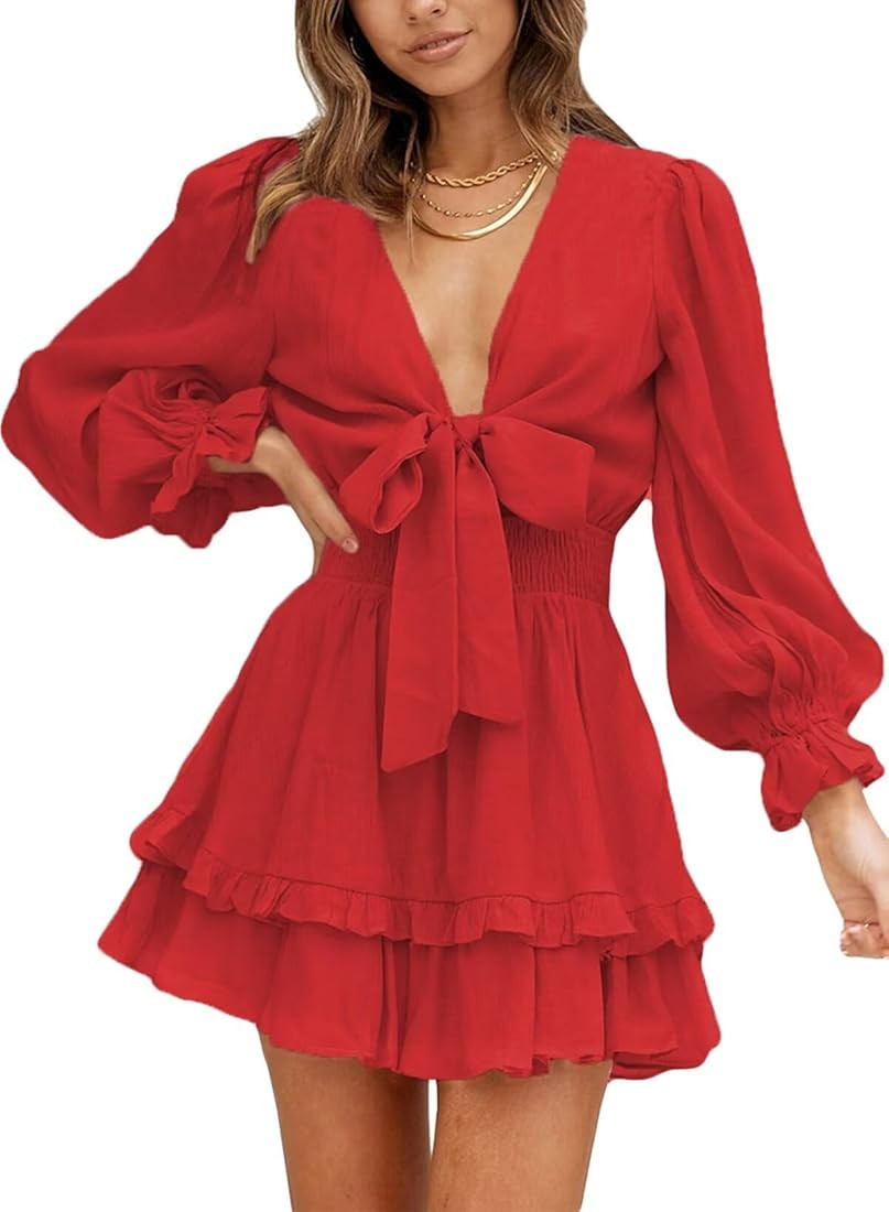 Dokotoo Womens Casual Spring Summer 2025 Deep V Neck Knotted Tiered Chiffon Elegant Mini Short Sw... | Amazon (US)