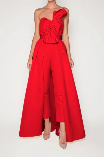 Silk Faille Twisted Bow Jumpsuit with Convertible Skirt | ALEXIA MARIA