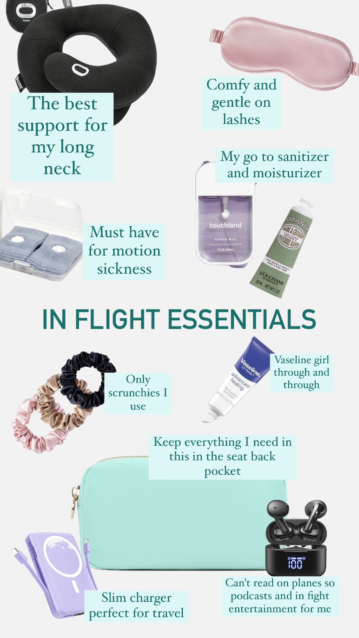Pulled together a list of my in-flight essentials. This is everything I want to have with me in the seat back pocket on a plane ride, the only thing missing are my compression socks because they go on the second I’m seated for longer flights and of course my snacks. I’m known to always have a protein bar on me because I do not want to be in a situation where I don’t have food and I get hangry🥴

To start, I love the small Stoney Clover pouch because it’s spacious enough to hold everything I need but also fits well in the seat back pocket. I have so many different colors and prints and like to change it up each time I travel. It’s also nice to have this readily available so that I can put my bag in the overhead compartment and free up under the seat space. 

I have a long neck that needs a good level of support on airplane rides or else I end up with a sore creaky feeling and this is the best neck pillow I have ever tried!! It is configurable and can be folded, stacked or wrapped to help you find a position that’s the most comfortable. As a motion sick girly, I also have to have my sea bands which I pop on at the start of every flight to keep my nausea at bay. 

This charger is great because it's slim enough so that it does not take up much space but also powerful enough to charge my phone or earbuds. 

Lastly, my hand sanitizer, lotion, lip, product, and hair scrunchies to keep me fresh, clean, and moisturized. 

travel essentials. In flight essentials. Travel neck pillow. Neck pillow. 

#LTKFindsUnder50 #LTKTravel #LTKBeauty